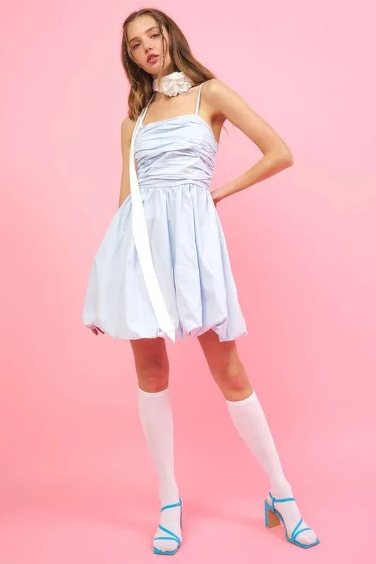 Ruched Detail Bubble Hem Mini Dress back view