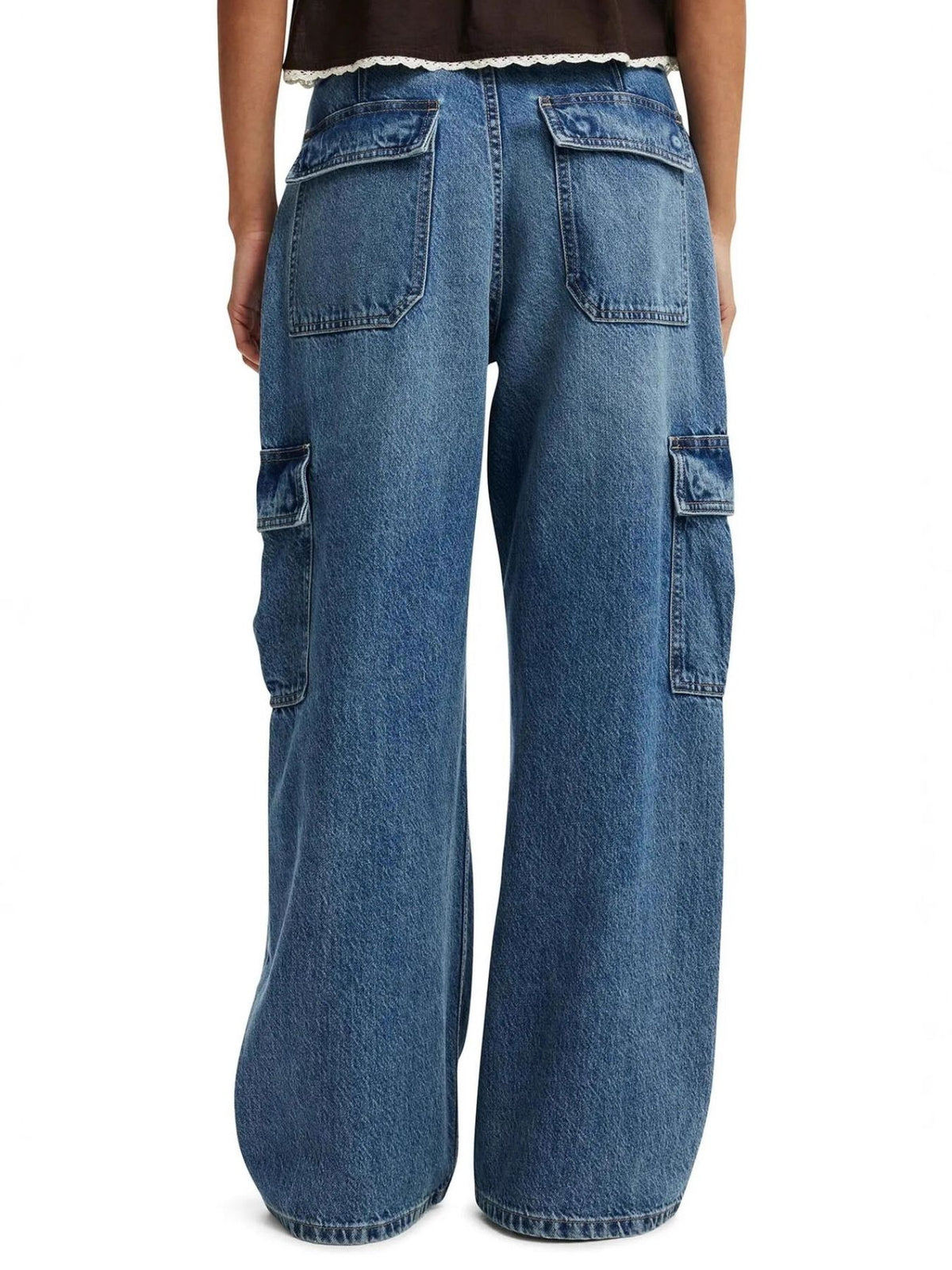 Wide leg cargo jeans styled full length