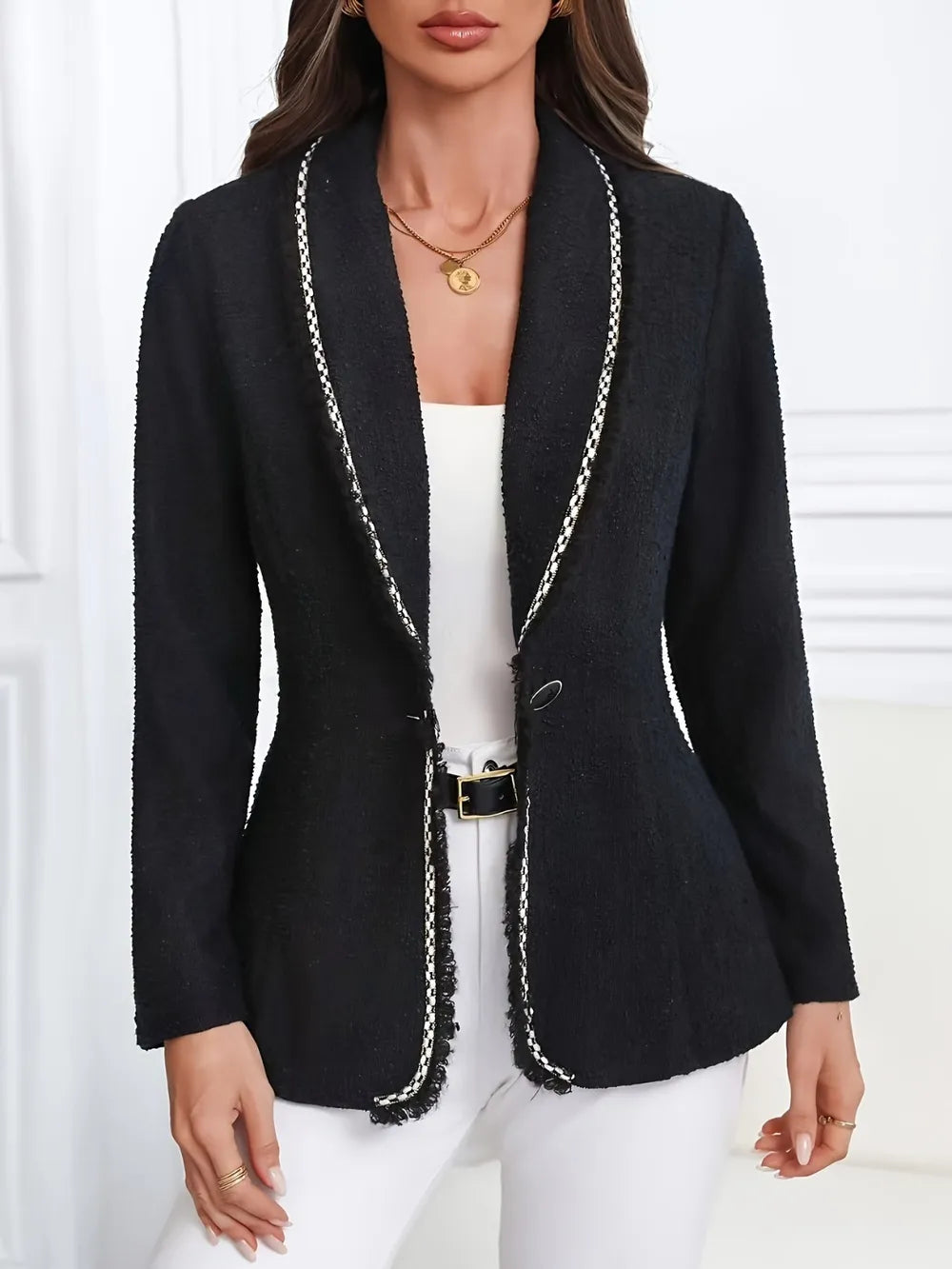 Single-Breasted Lapel Collar Blazer Black - Fashorio