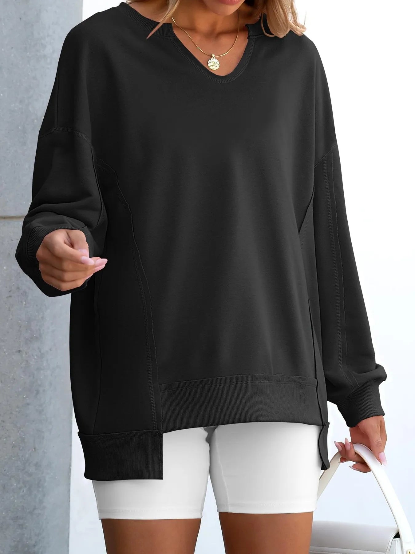 Notched Long Sleeve Oversized Sweatshirt - Fashorio