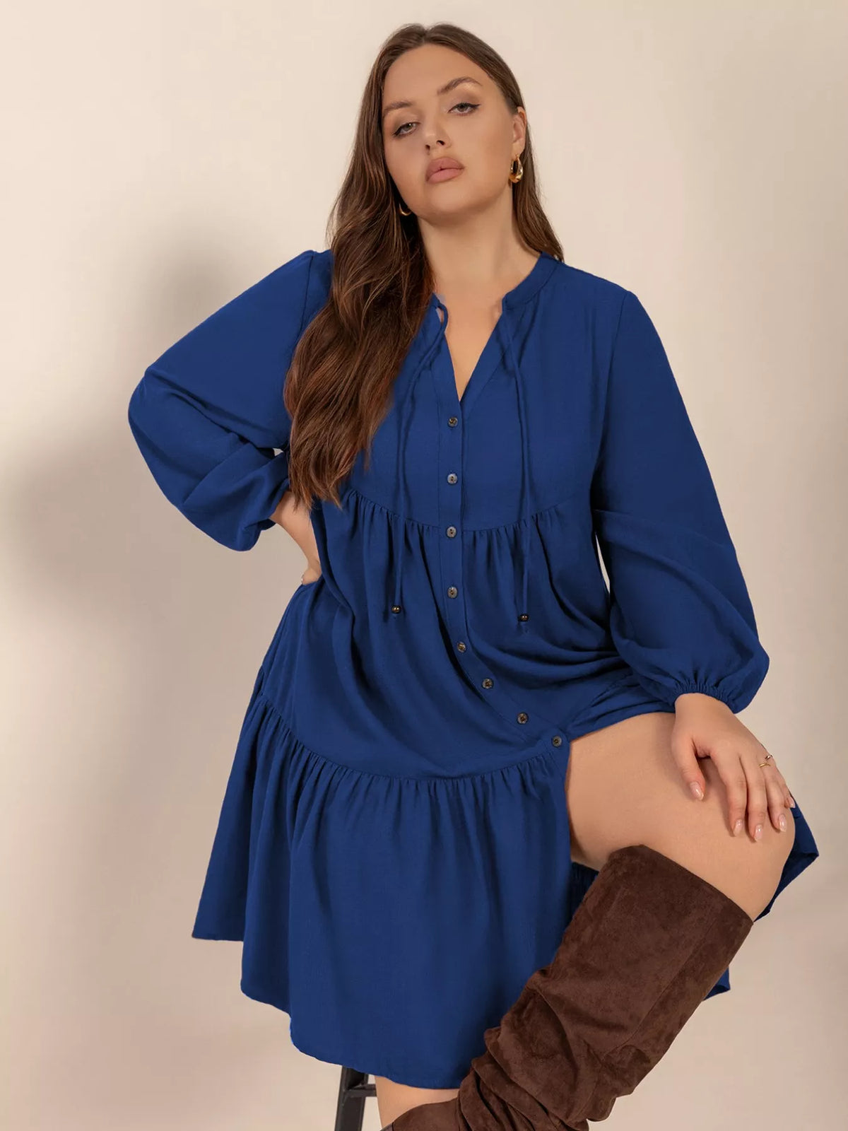 Blue balloon sleeve dress side view