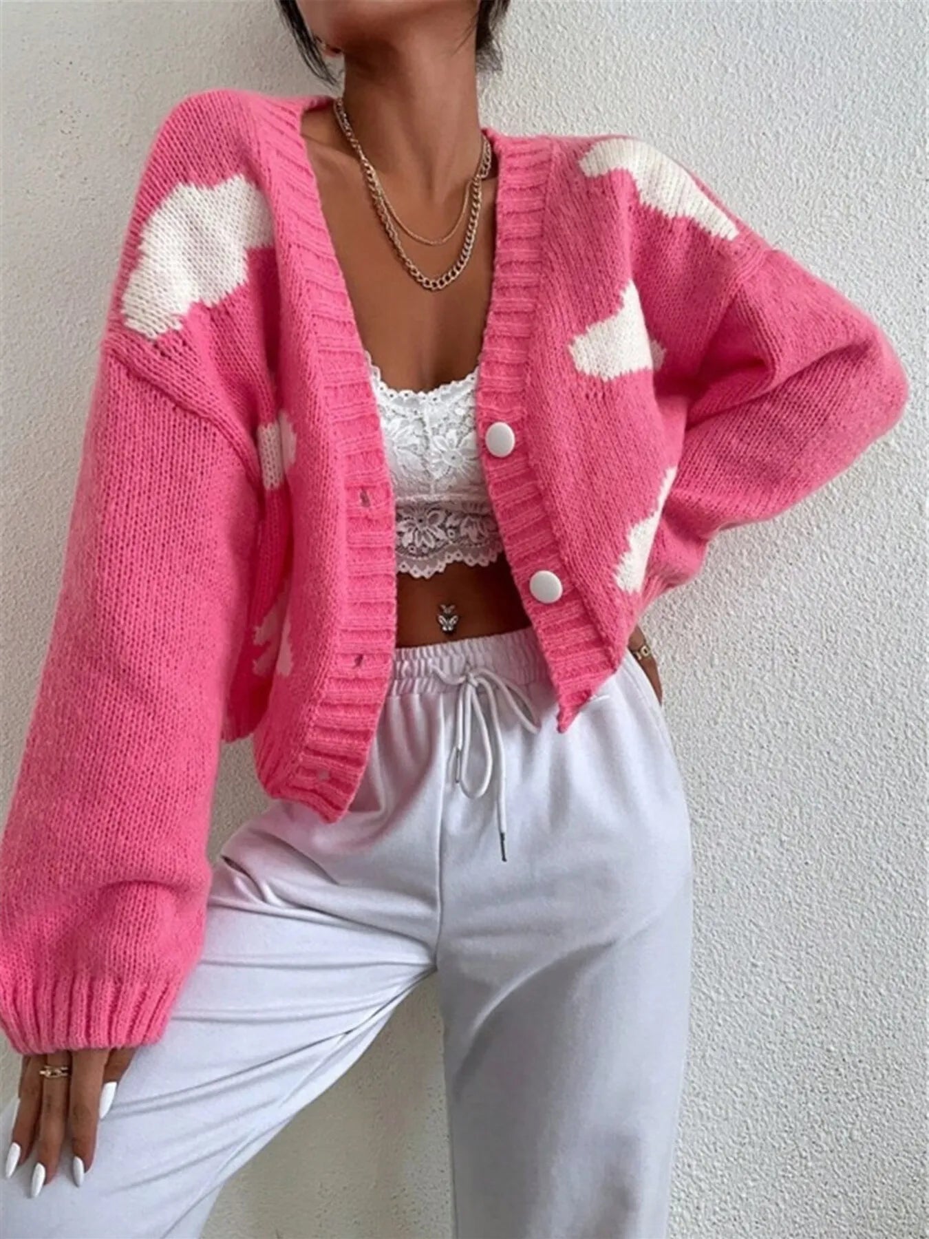 Contrast Cloud Pattern Cropped Button-Up Cardigan - Fashorio