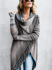 Fringe Long Sleeve Wrap Cardigan Gray Stripe - Fashorio
