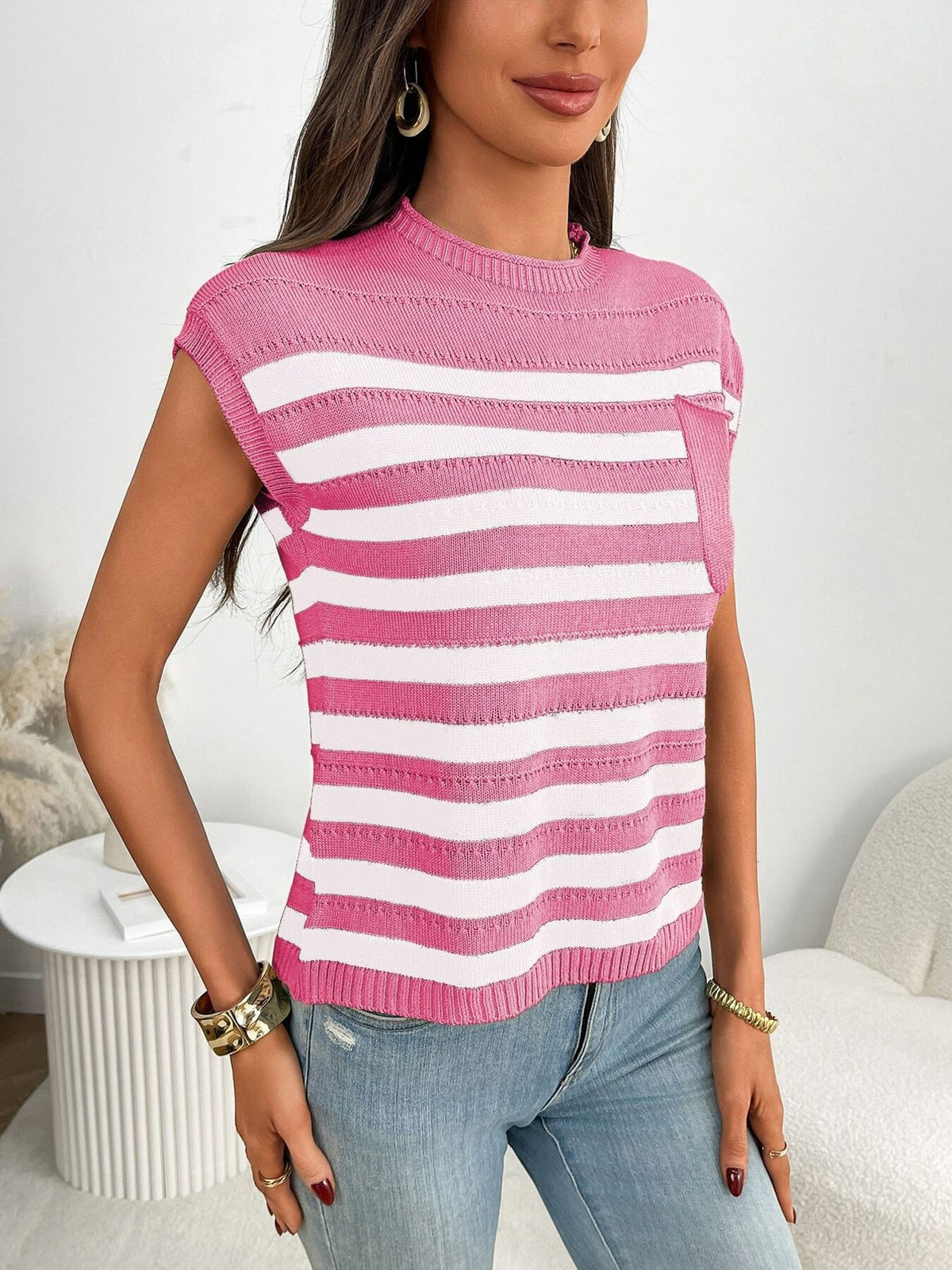 Striped knit pocket sweater styled casually