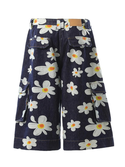 Men's Floral Print Denim Cargo Shorts - Fashorio