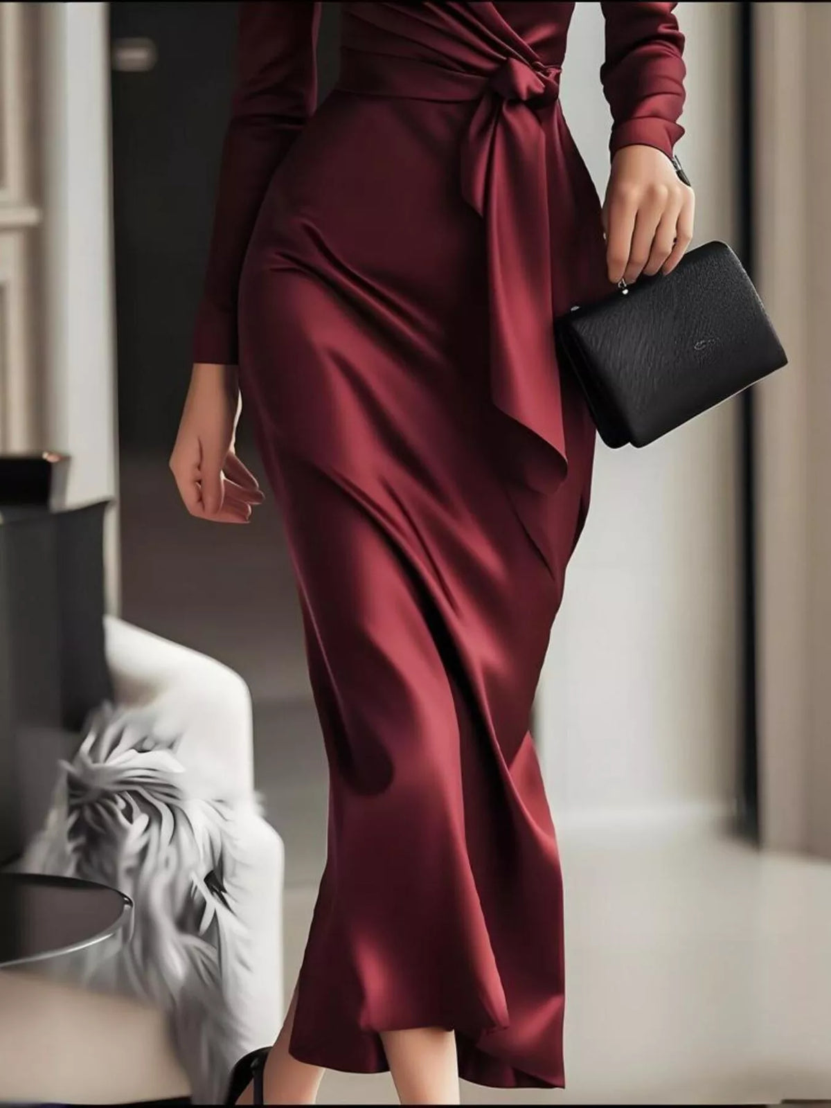 Red satin surplice long sleeve maxi dress back view