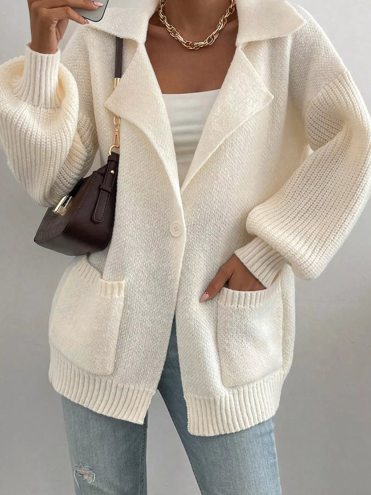 Lapel Collar Single Button Cardigan in Ivory on model