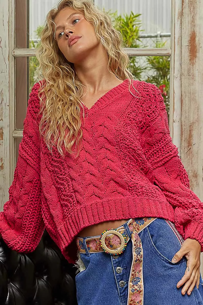 Cable Knit Cropped V Neck Sweater in Fuchsia detail
