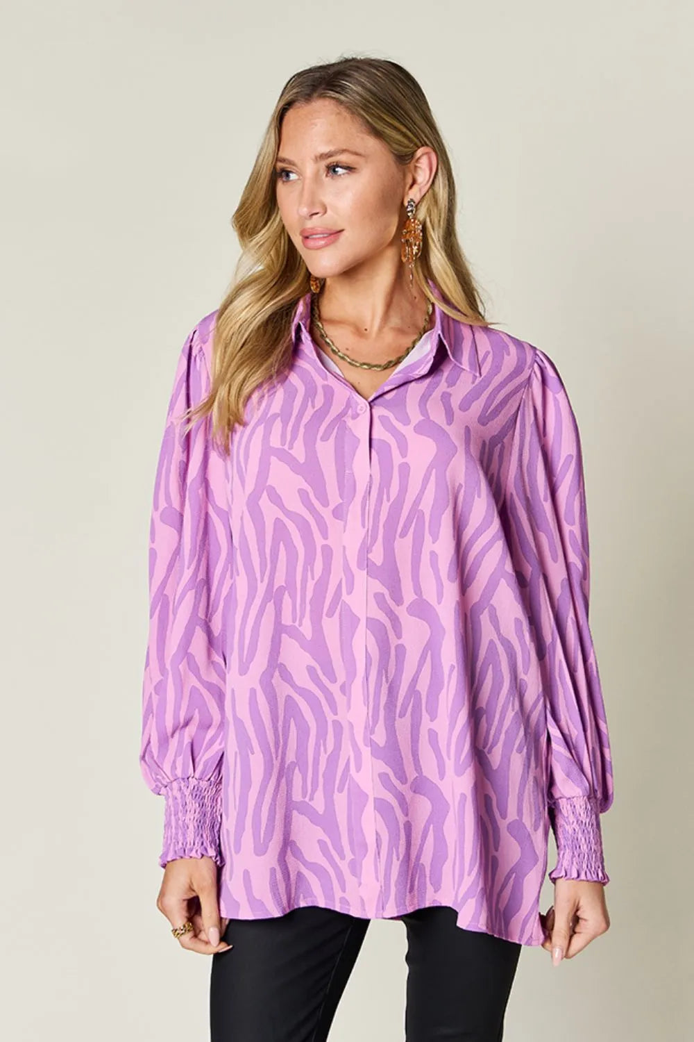 Side view of the printed long sleeve blouse