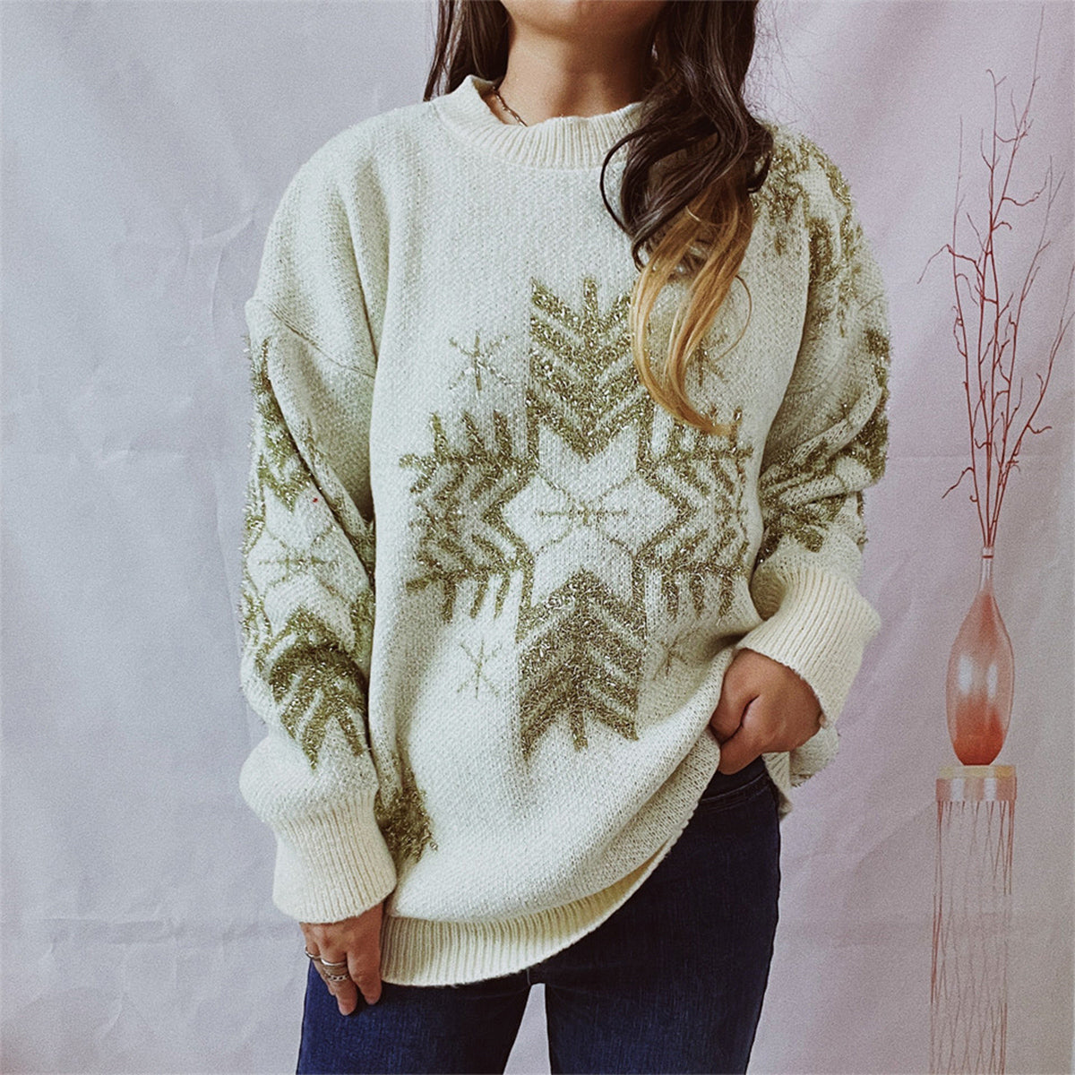 Snowflake Pattern Long Sleeve Sweater Cream - Fashorio
