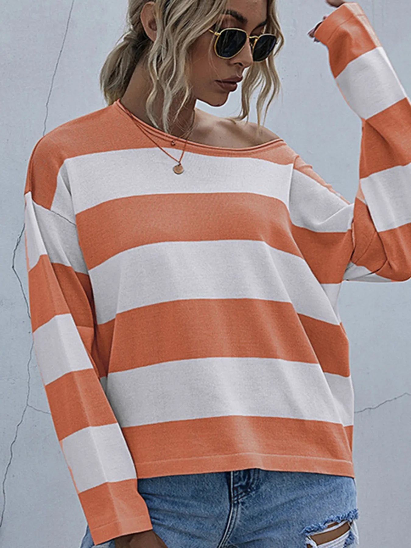 Striped Casual Long Sleeve Knit Top Orange Red - Fashorio