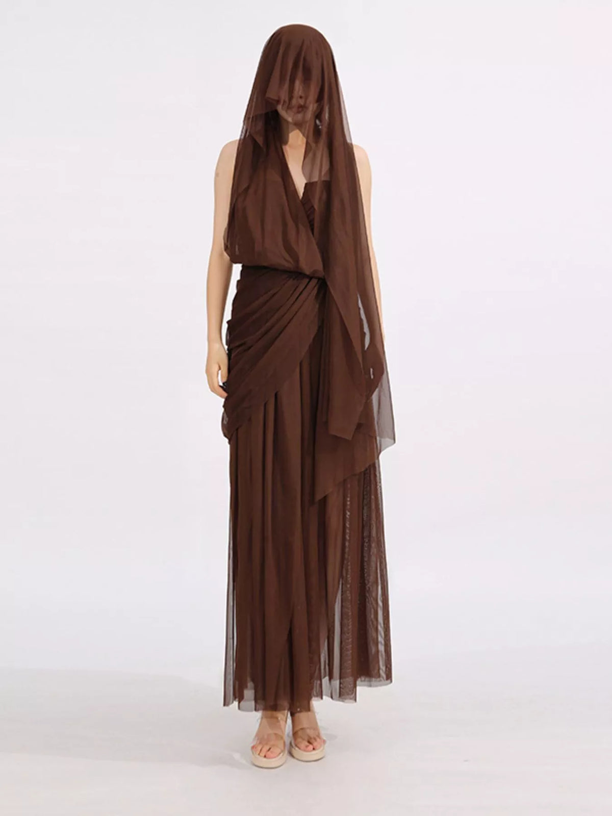 Coffee brown one shoulder flowy mesh midi dress, side view