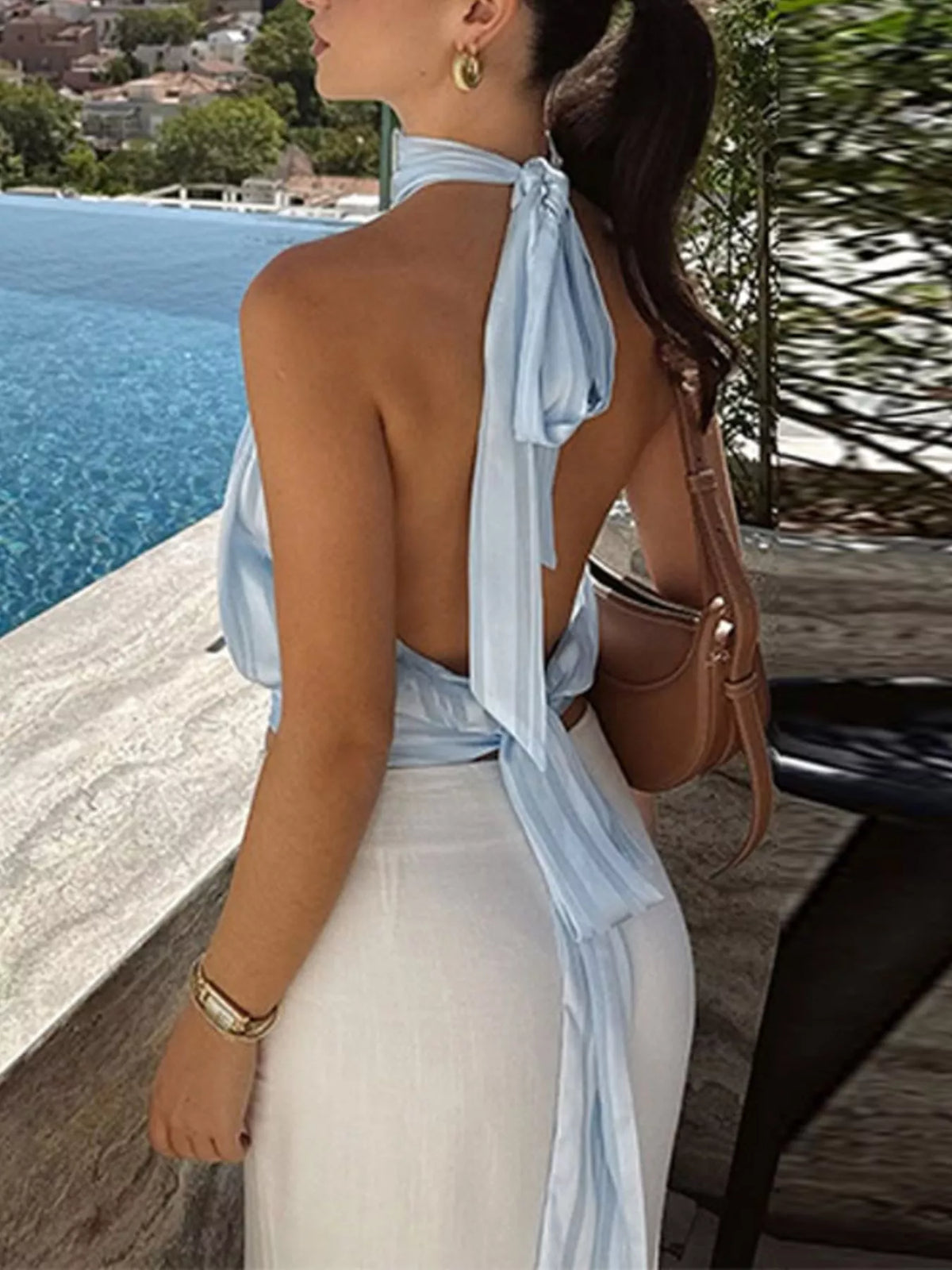 Blue striped cami top with halter neckline