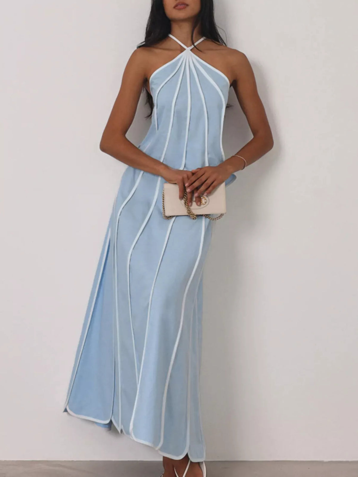 Light blue halter two piece set side view