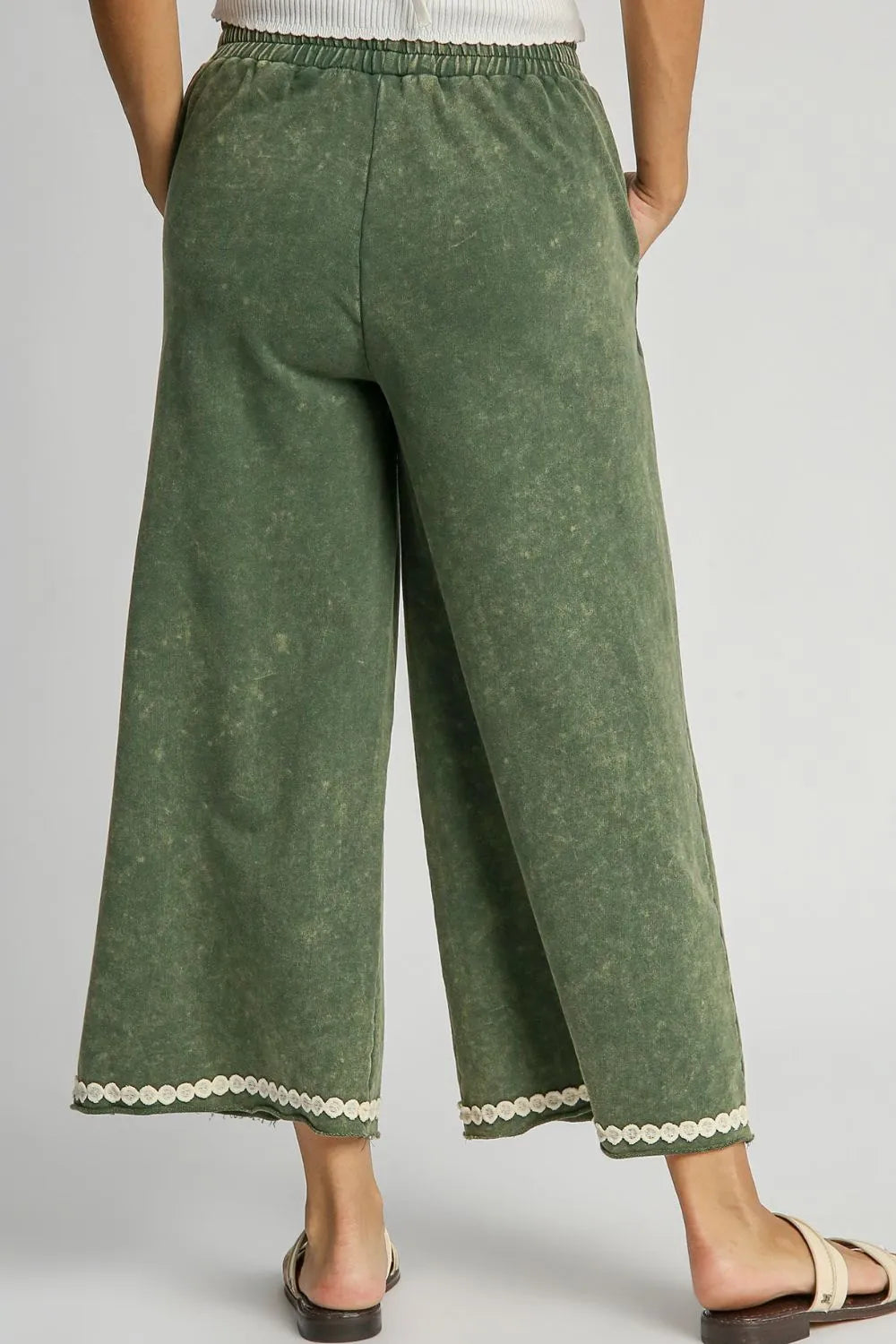 Umgee Full Size Peace Lace Applique Mineral Wash Wide Leg Pants Plus Size - Fashorio