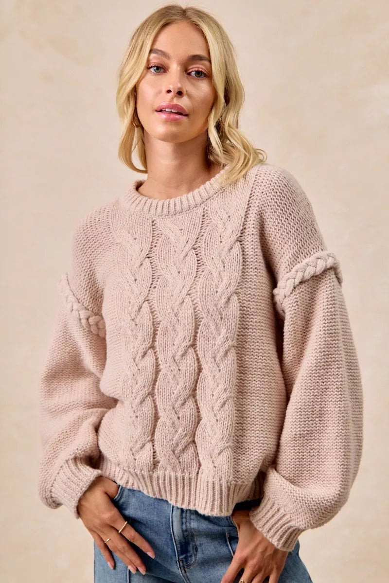 Cable Knit Sweater with Shoulder Braid in Mocha close up