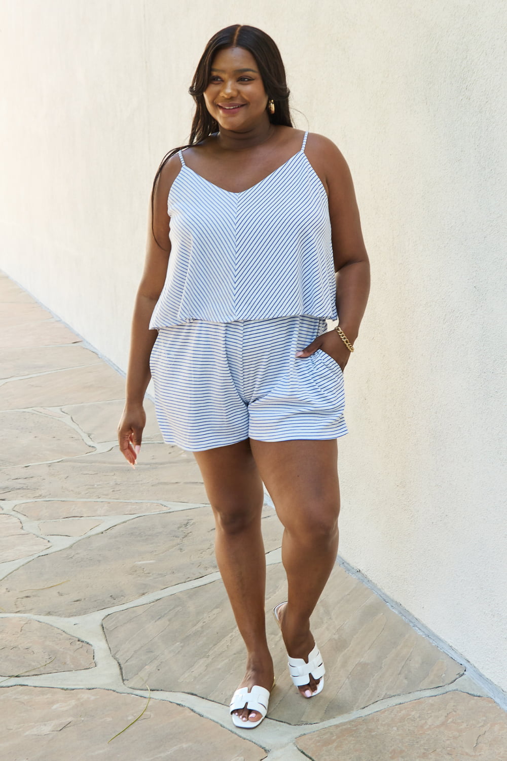 Let It Happen Double Flare Striped Romper in Cobalt Blue detail