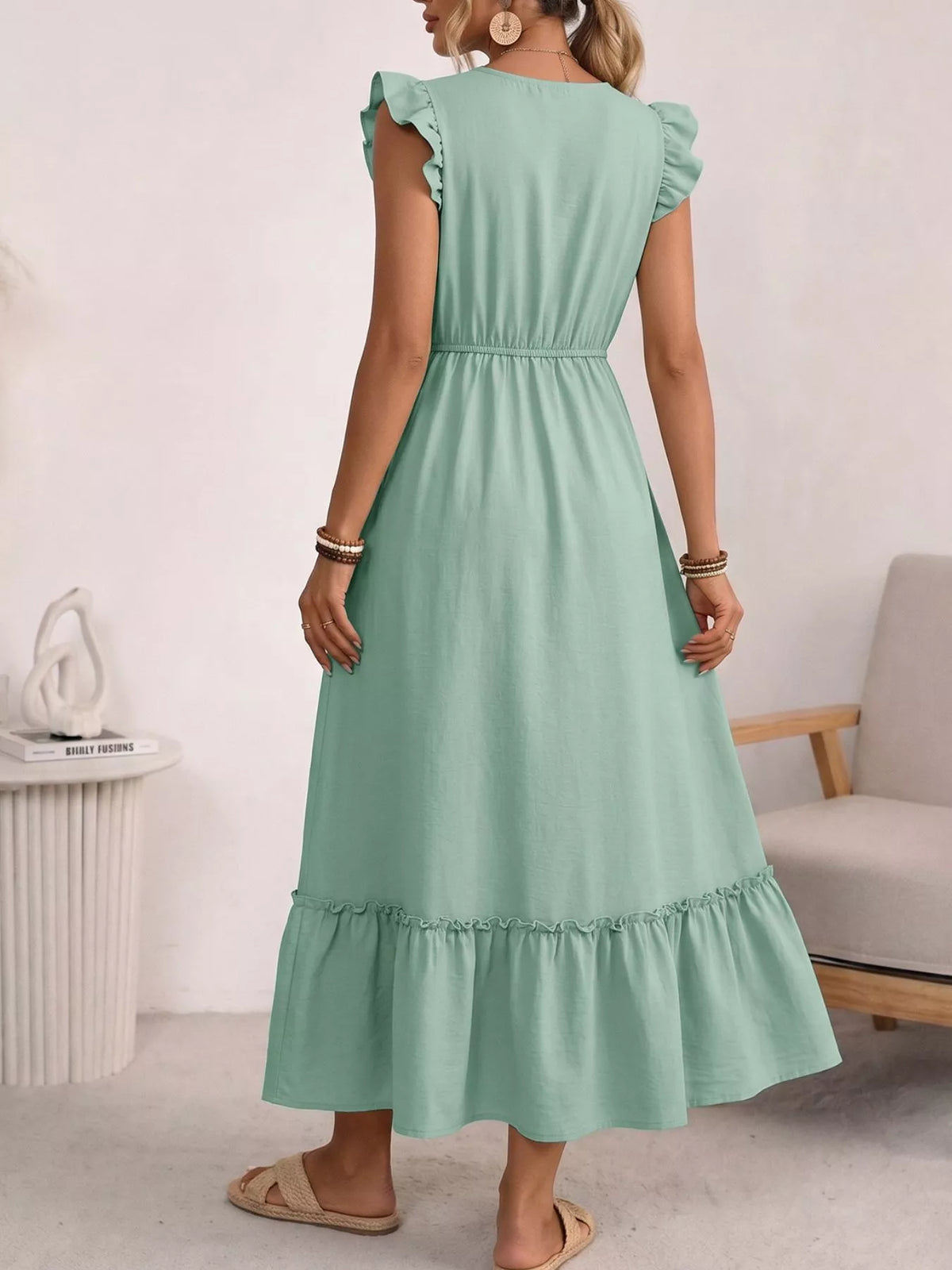 Green embroidered tie neck ruffle sleeve boho maxi dress styled view