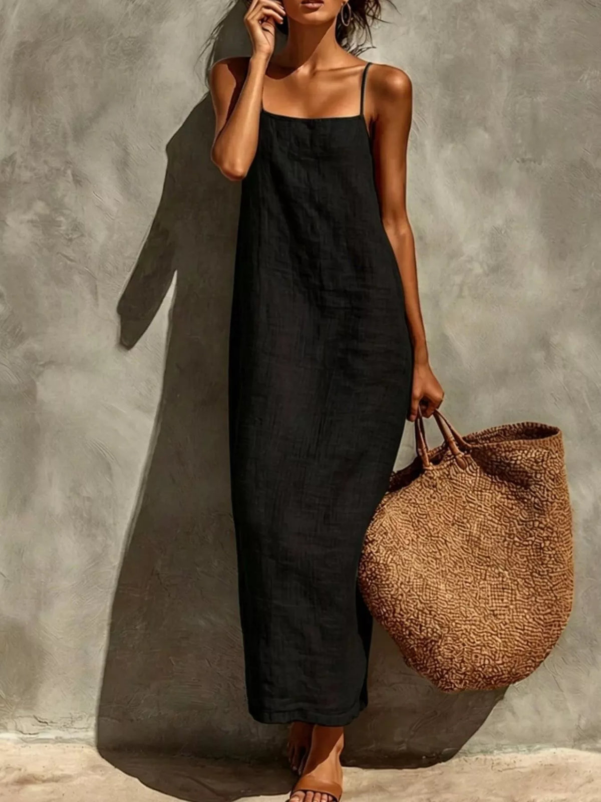 Sleeveless linen feel maxi dress hem detail