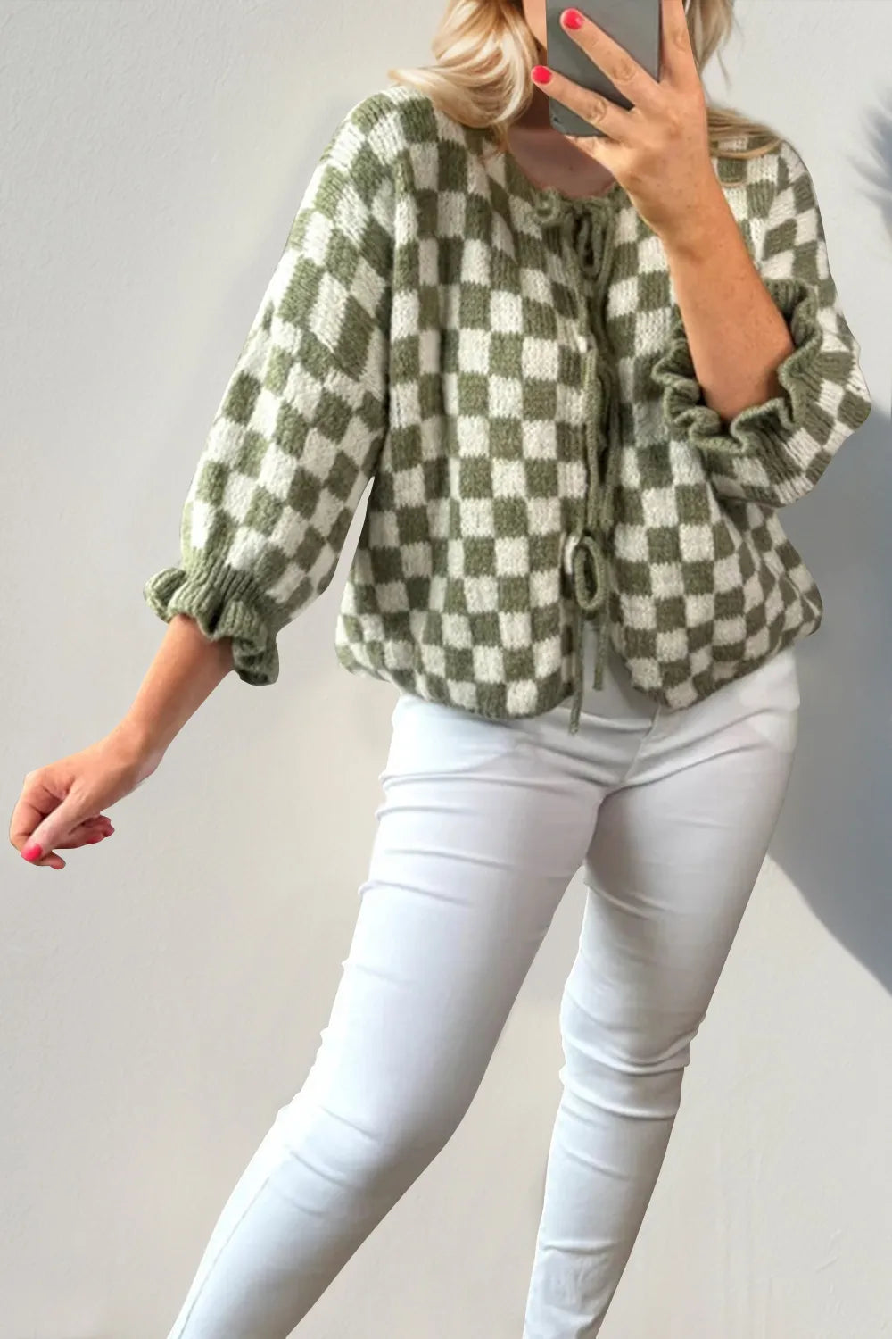 Double Take Tied Checkered Dropped Shoulder Flounce Sleeve Cardigan - Fashorio