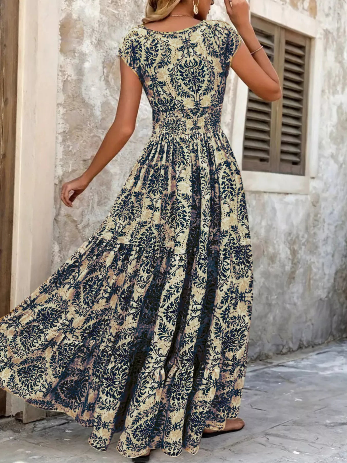 Printed V-Neck Tiered Maxi Dress Plus Size, view 8
