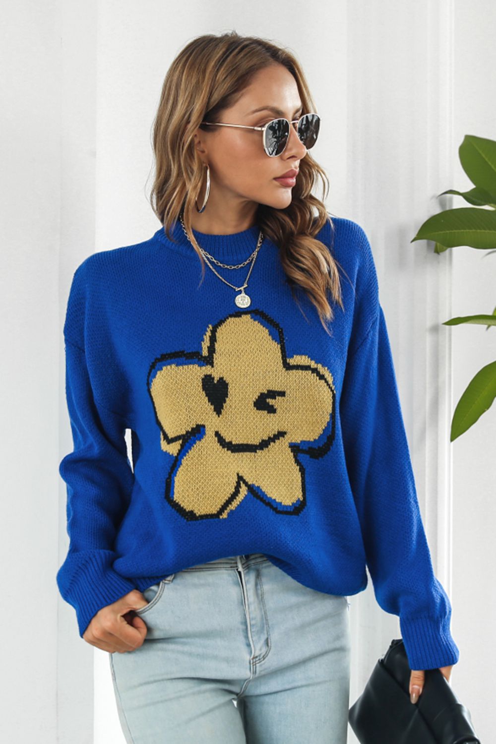 Flower Graphic Drop Shoulder Sweater Royal Blue - Fashorio