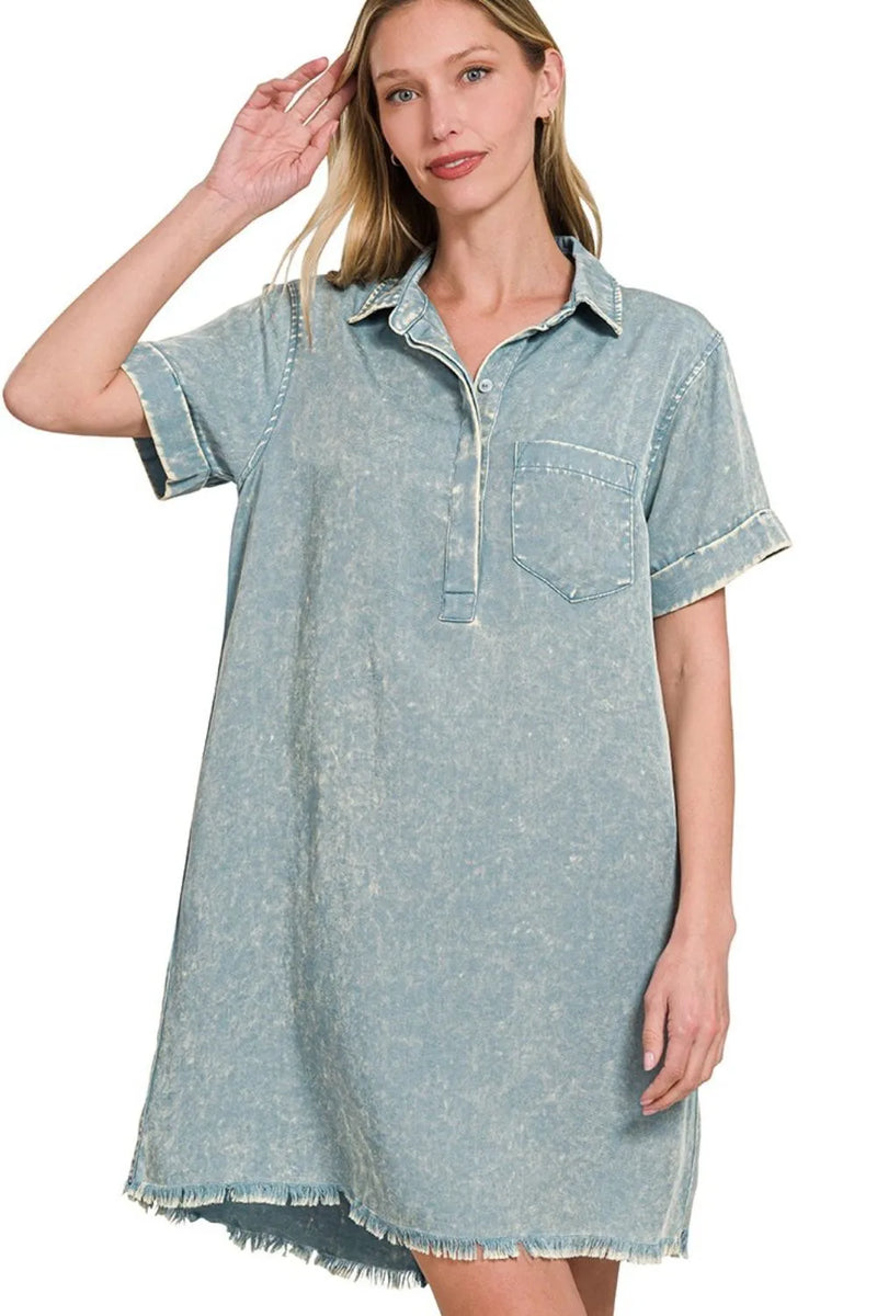 Tencel Mineral Washed Collared Shirts Dress