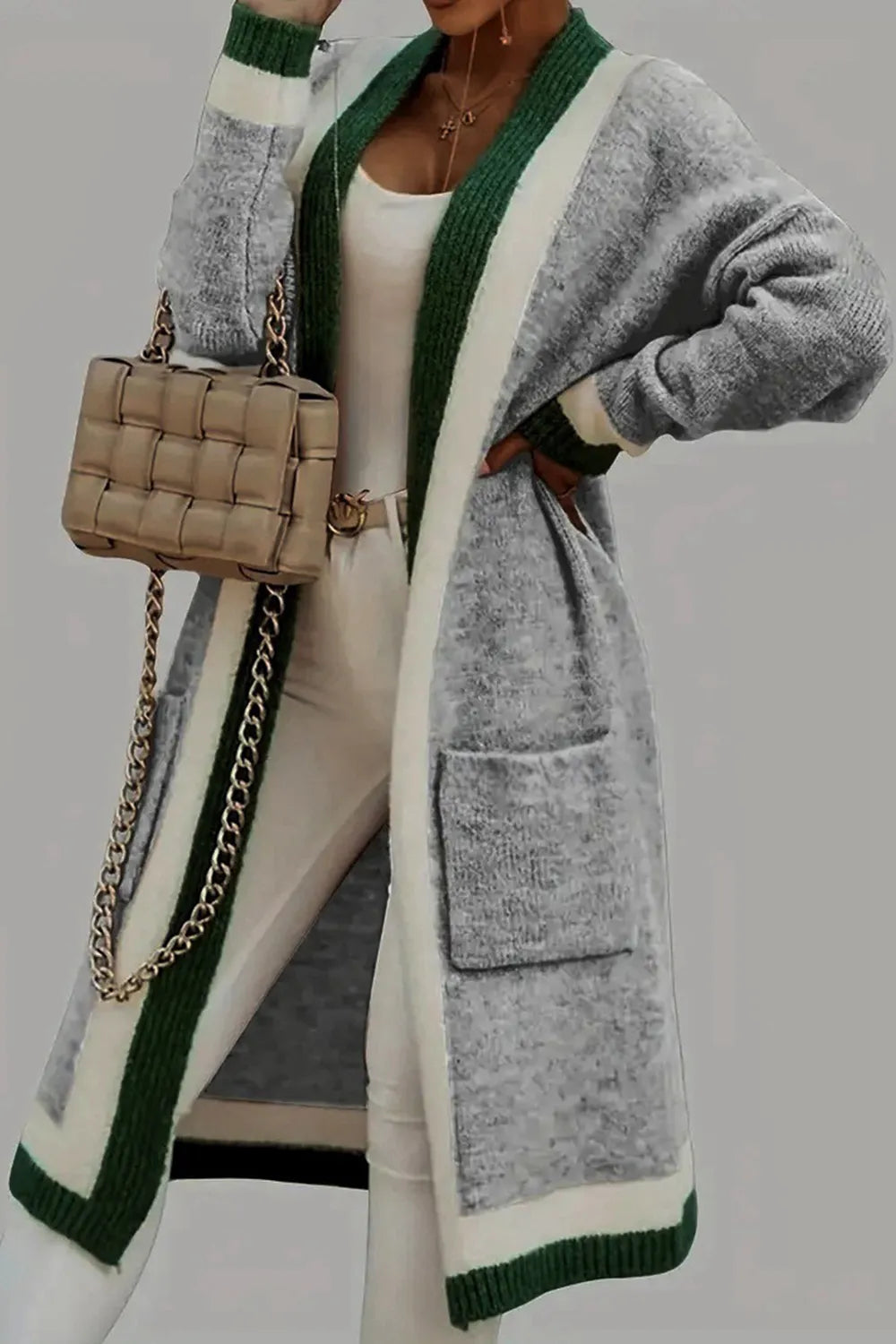 Pocketed Contrast Long Sleeve Hooded Cardigan - Fashorio