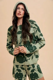 Annie Wear Flower Pattern Drawstring Hooded Top and Shorts Sweater Set Green combo - Fashorio