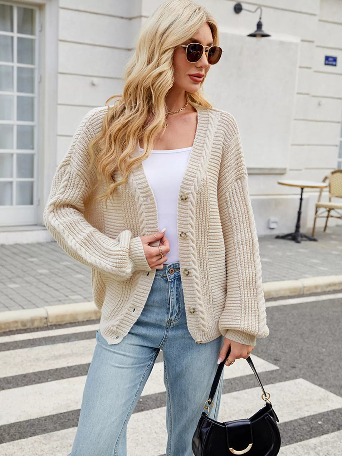 Ribbed button up cardigan styled outfit look