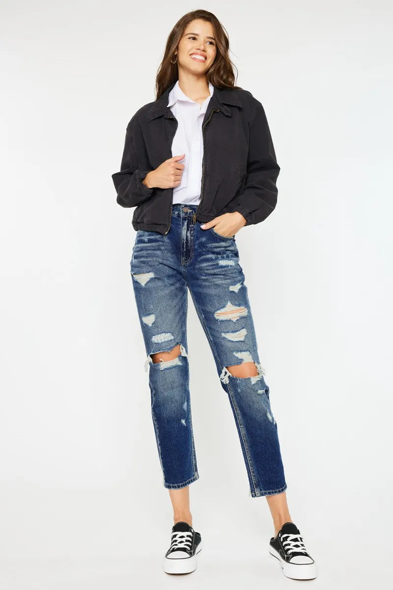 Mom fit denim side profile with tapered leg
