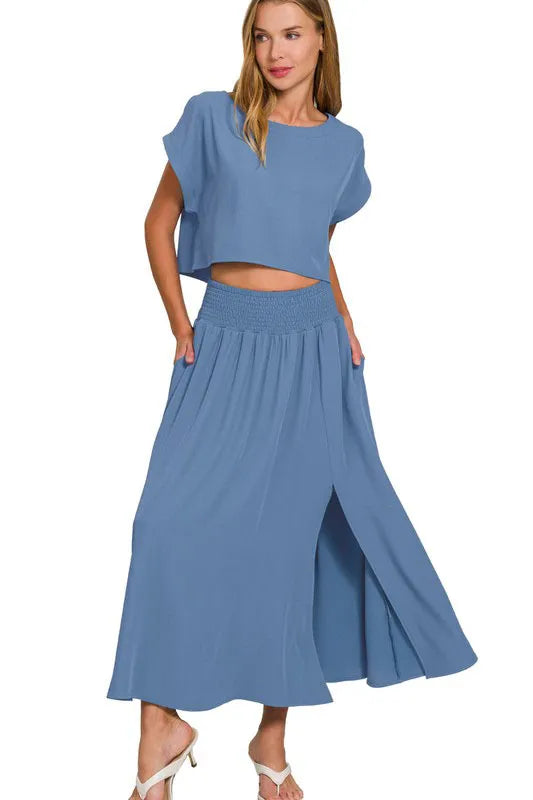 Zenana Heavy Woven Span Crop Tee & Skirt Set - Fashorio