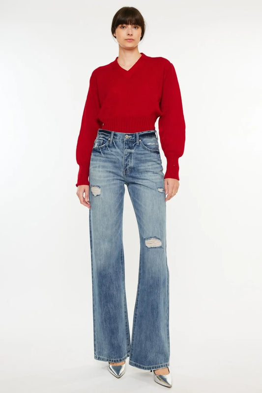 Kancan Distressed High Waist Bootcut Jeans Medium - Fashorio
