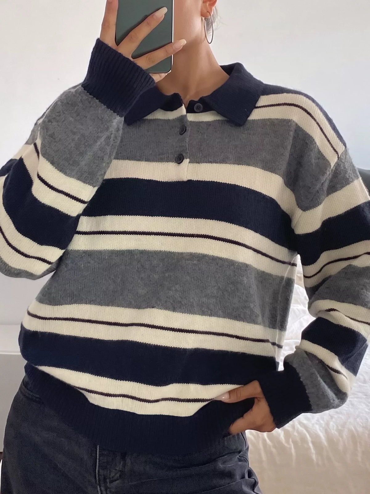 Striped Button Detail Long Sleeve Sweater