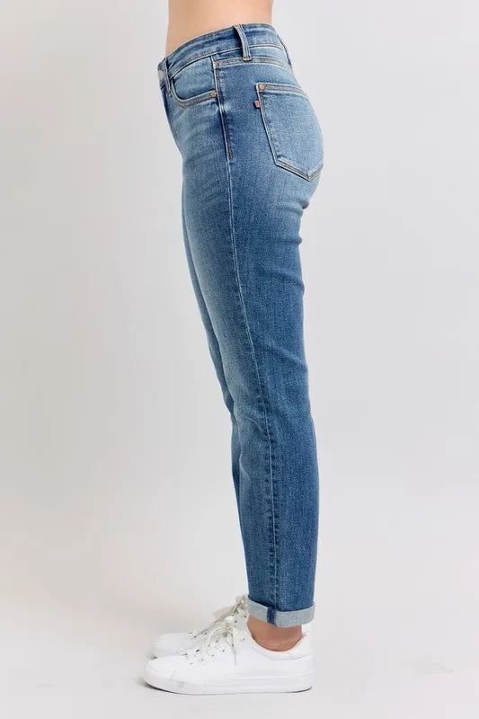Judy Blue Mid Rise Skinny Cuff Jeans with Pockets side view