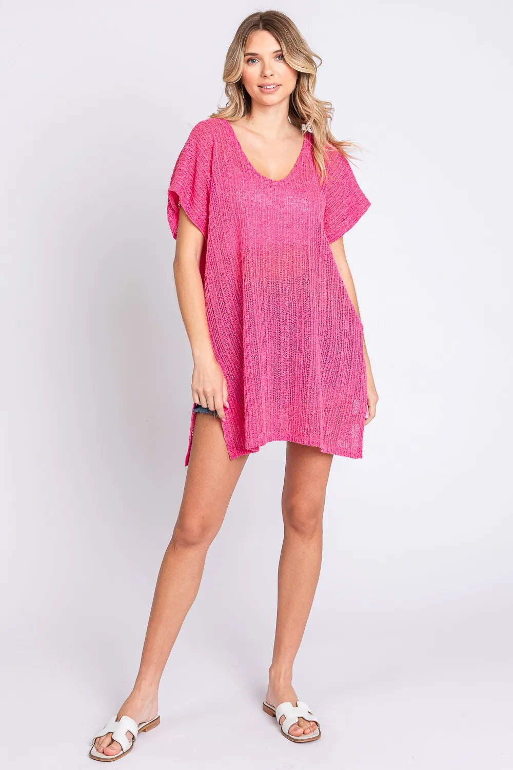Short Sleeve Side Slit Knit Cover Up Dress styled look
