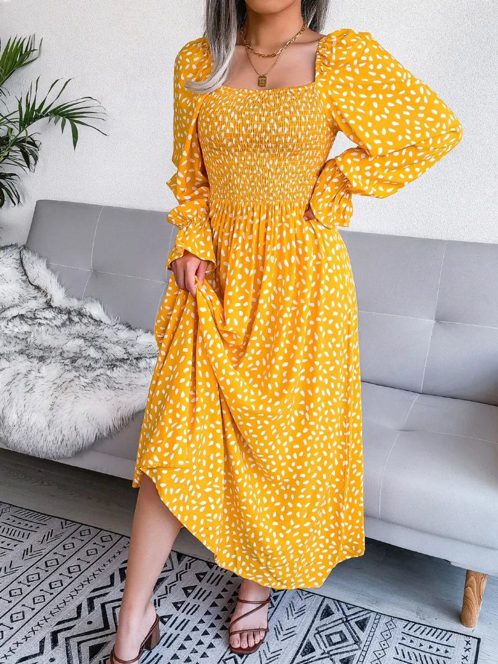 Smocked square neck flounce sleeve dress side view