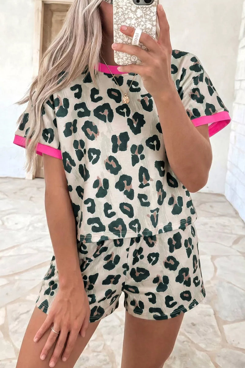 Leopard print short sleeve top and shorts set front view