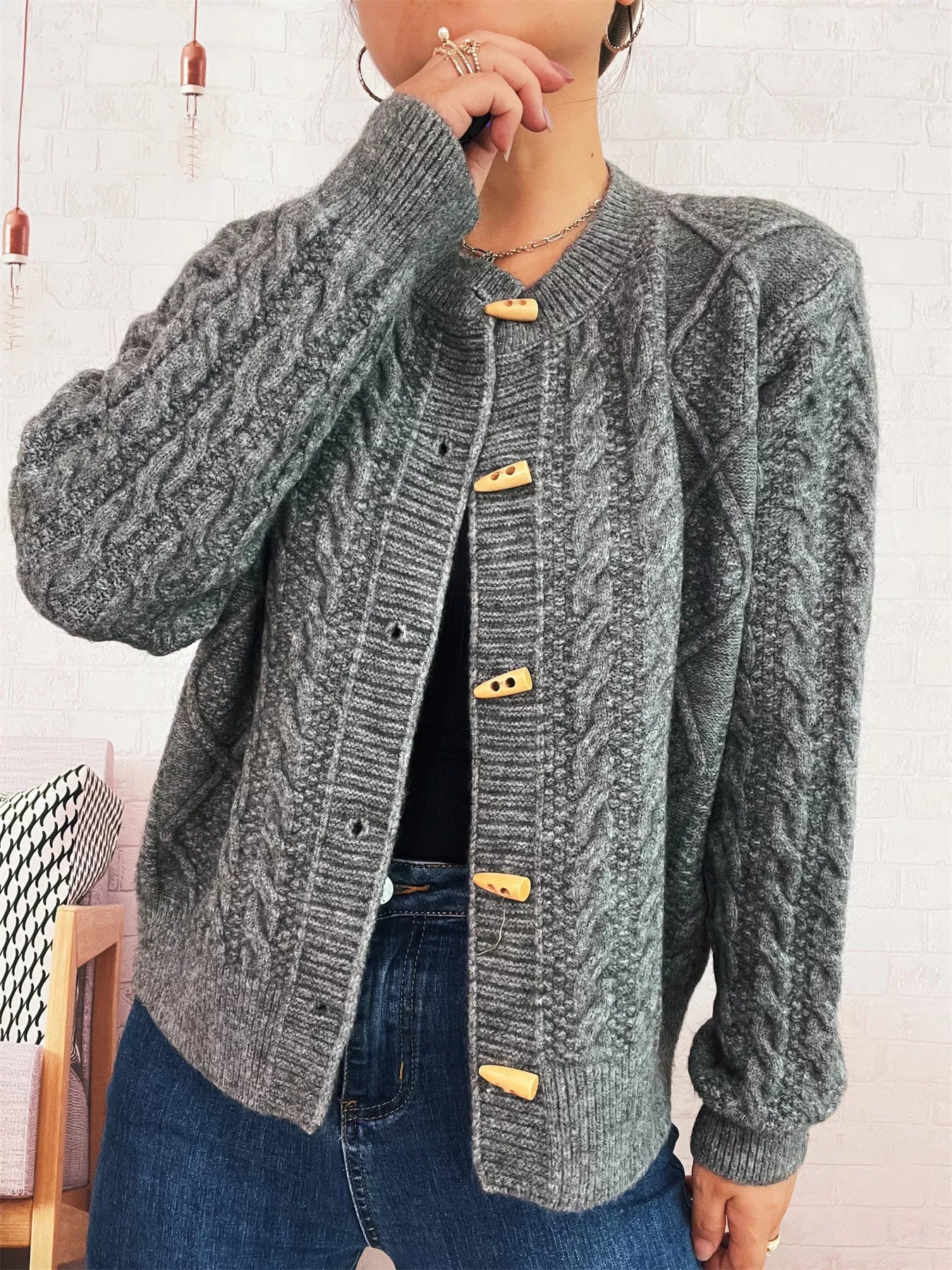 Cable Knit Button-Up Cardigan - Fashorio