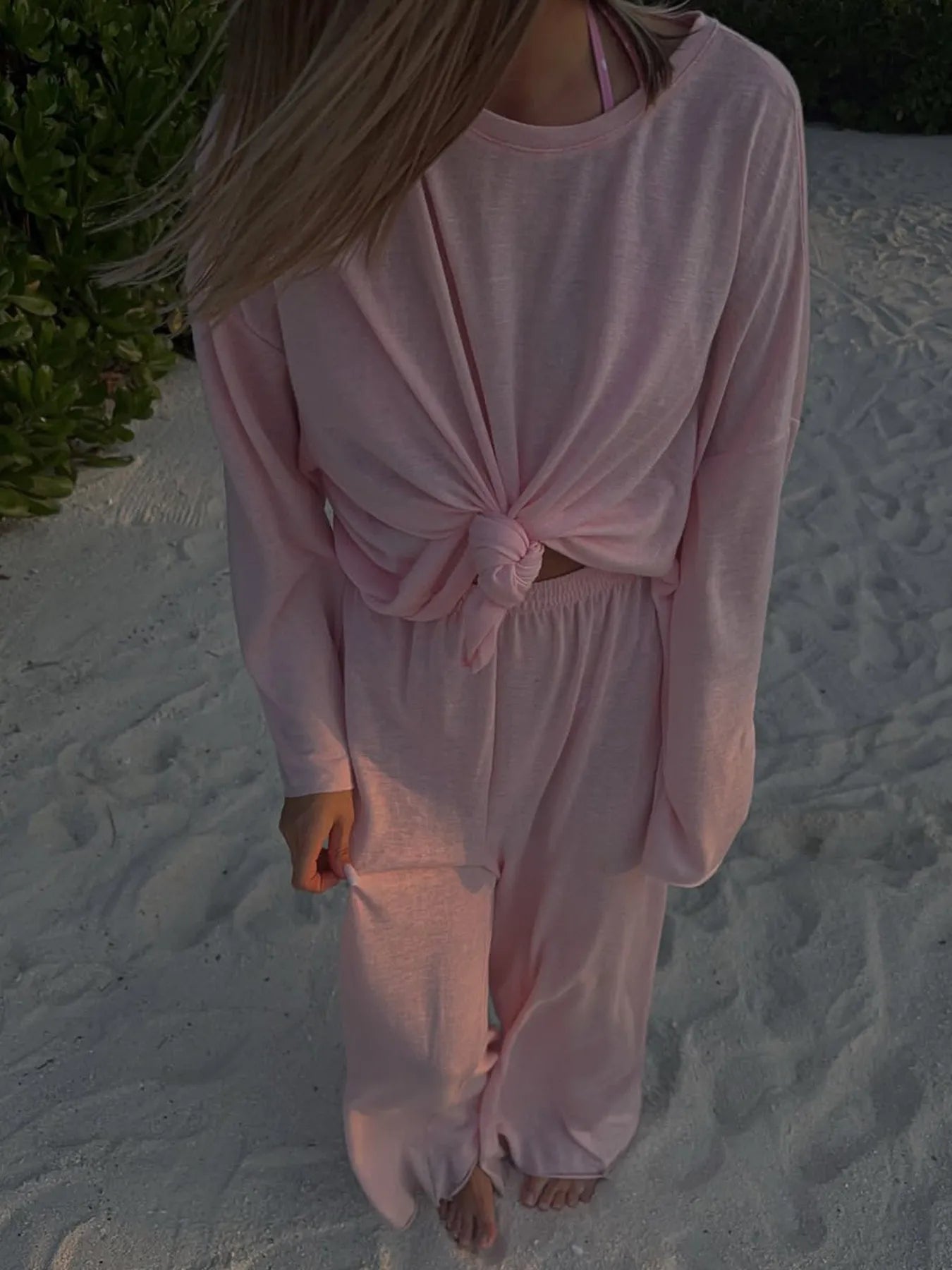 Knotted Long Sleeve T-Shirt Pink - Fashorio