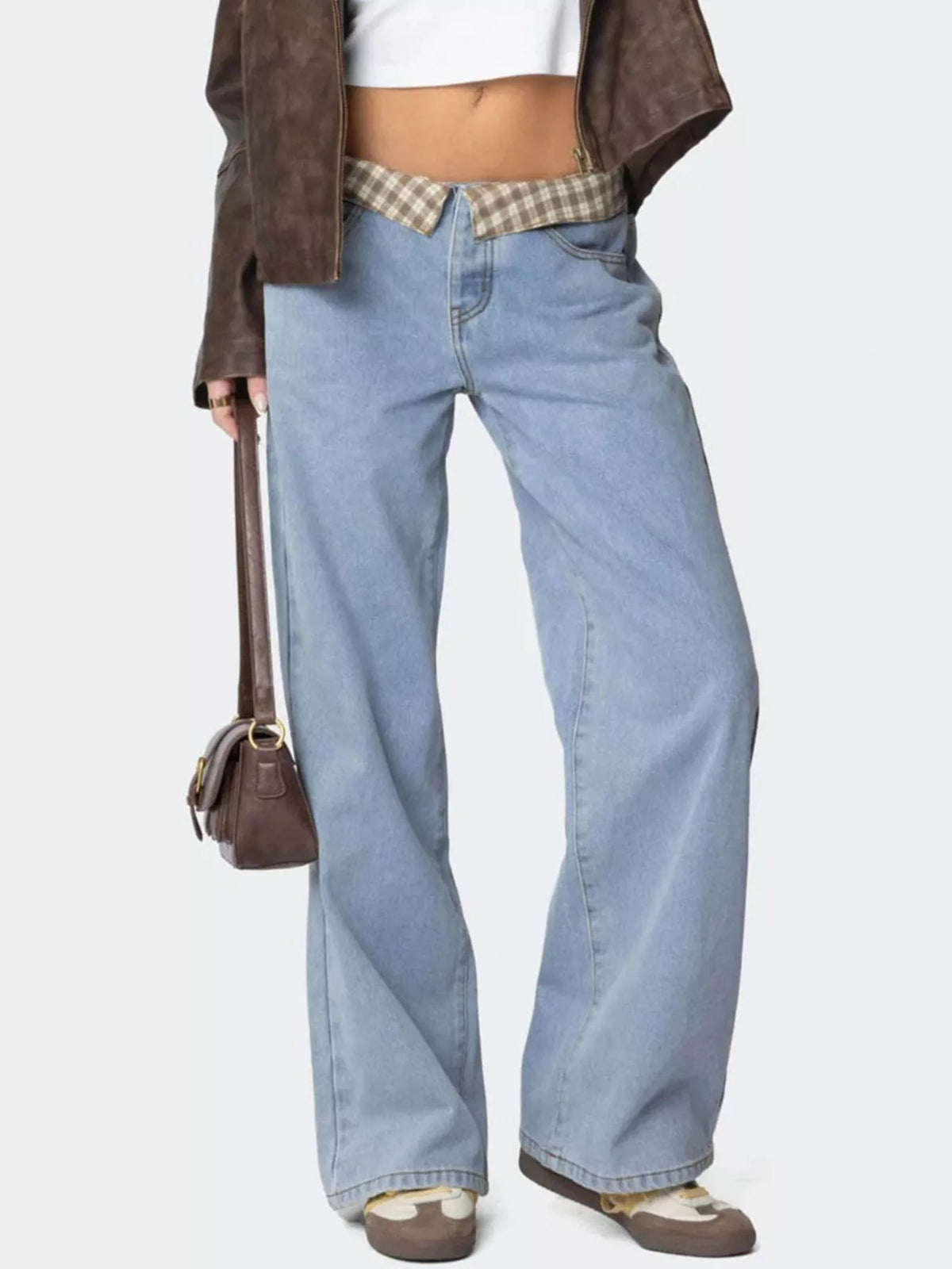 Plaid trim wide leg jeans front view