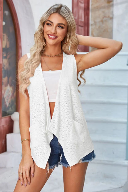 Eyelet Open Front Sleeveless Cardigan - Fashorio