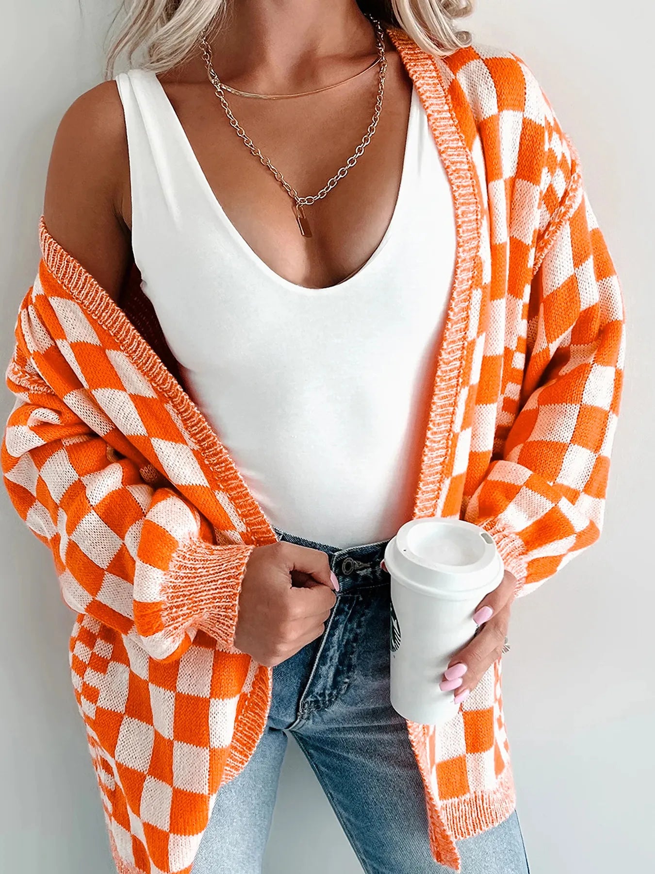 Checkered Pattern Open Front Cardigan - Fashorio