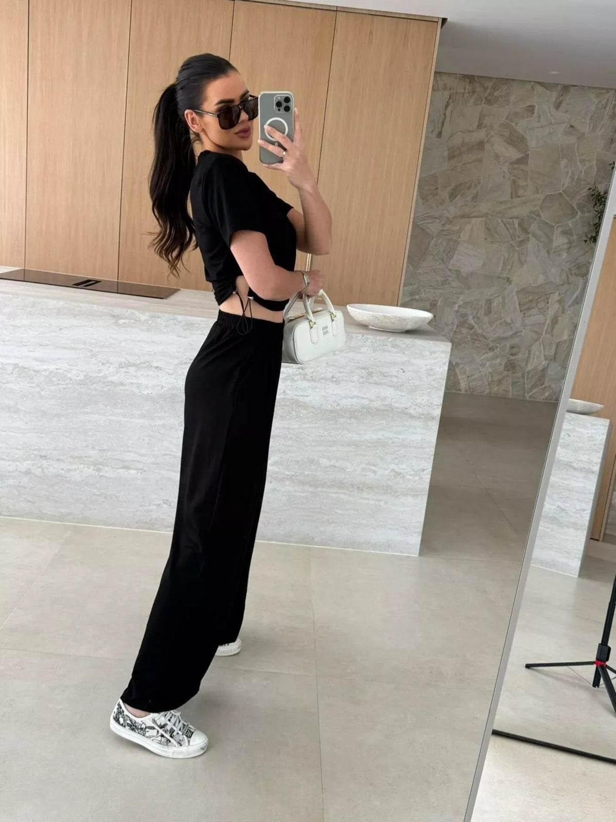 Drawstring Crop Top and Wide Leg Pants Set, view 6