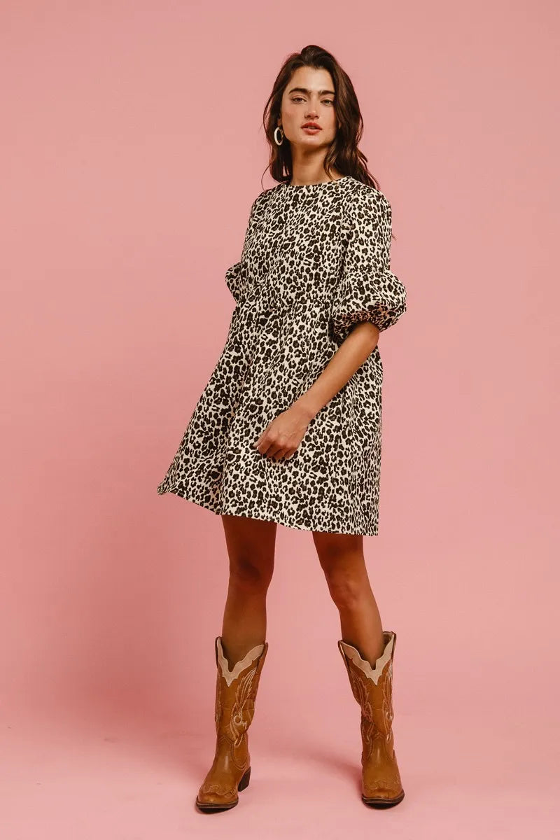 BiBi Leopard Denim Dress With Back Contrast Tie Detail - Fashorio