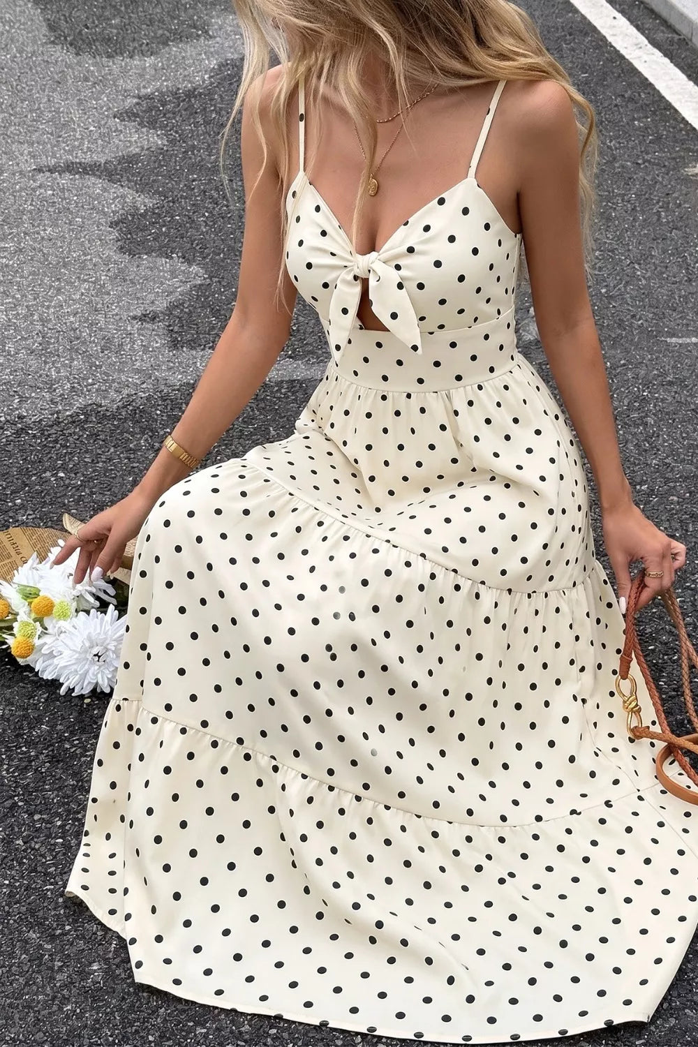 Cream polka dot maxi dress waist cutout detail