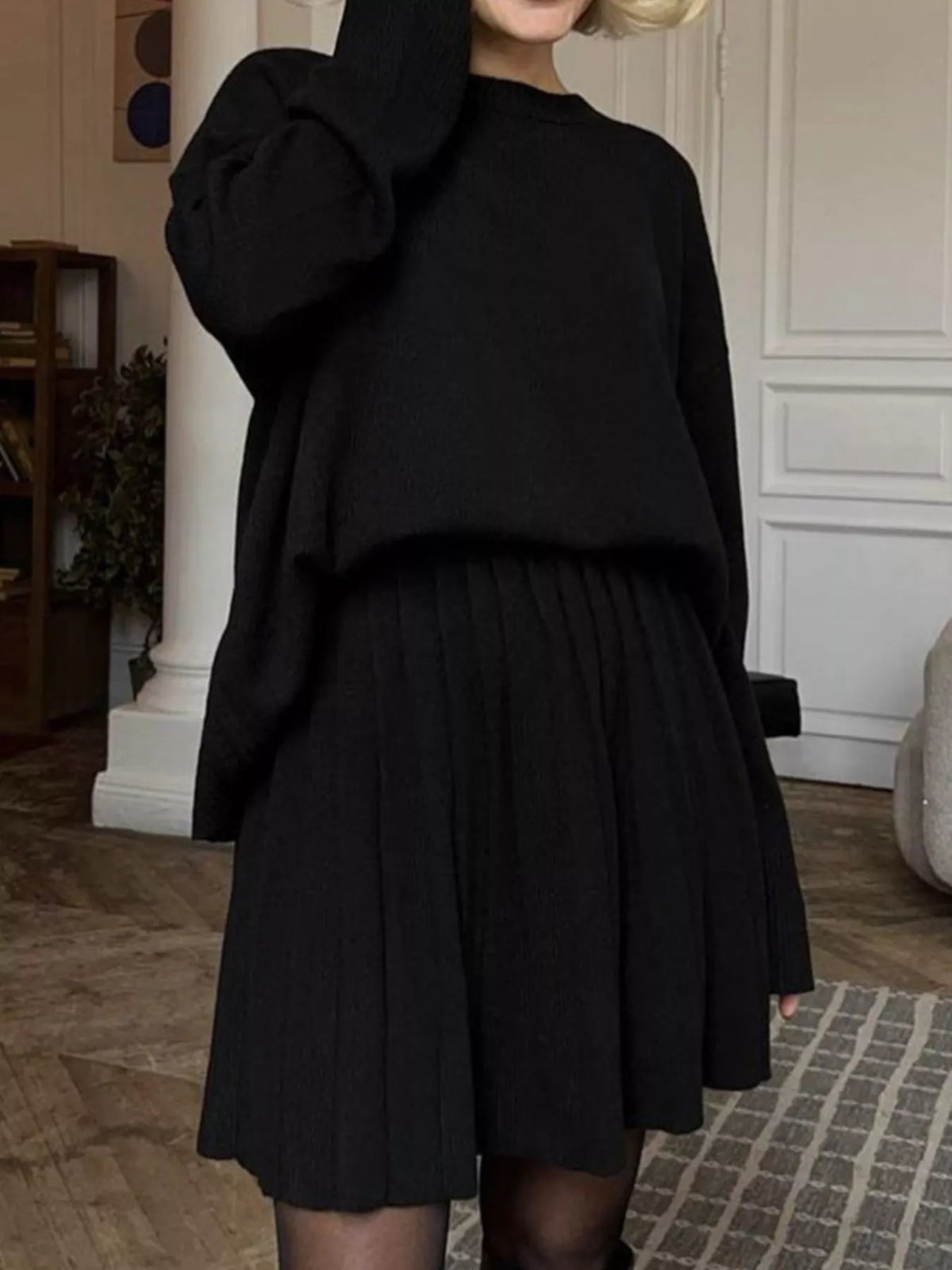 Black pleated skirt sweater set outfit