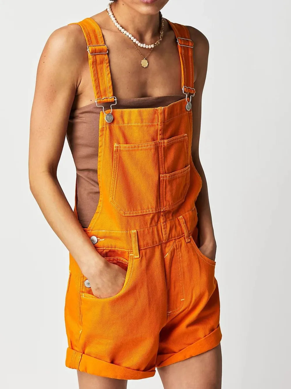 Square Neck Wide Strap Denim Overalls Tangerine - Fashorio
