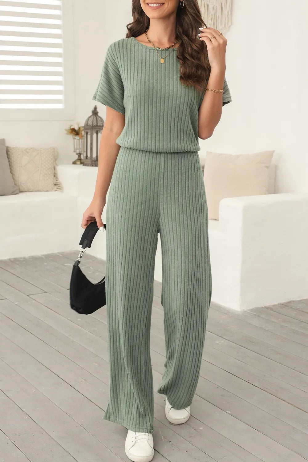 Ribbed Short Sleeve Wide Leg Jumpsuit Sage - Fashorio