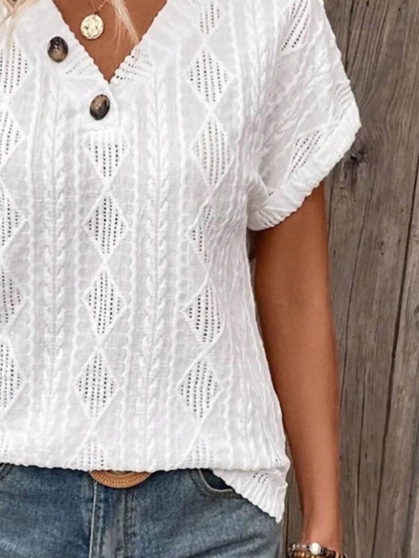 Textured V-Neck Short Sleeve Top - Fashorio